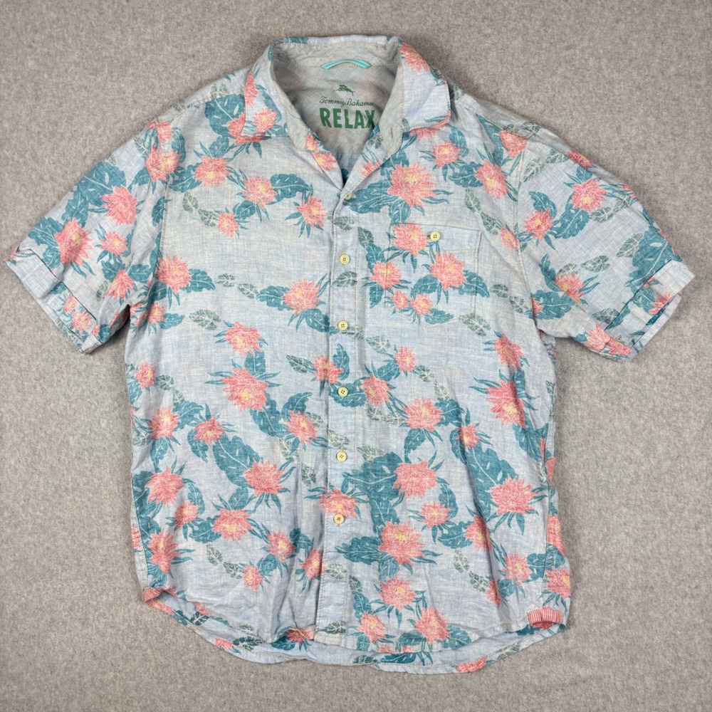 Tommy Bahama Relax Mens Medium Blue Pink Floral 100% Linen Short Sleeve Shirt